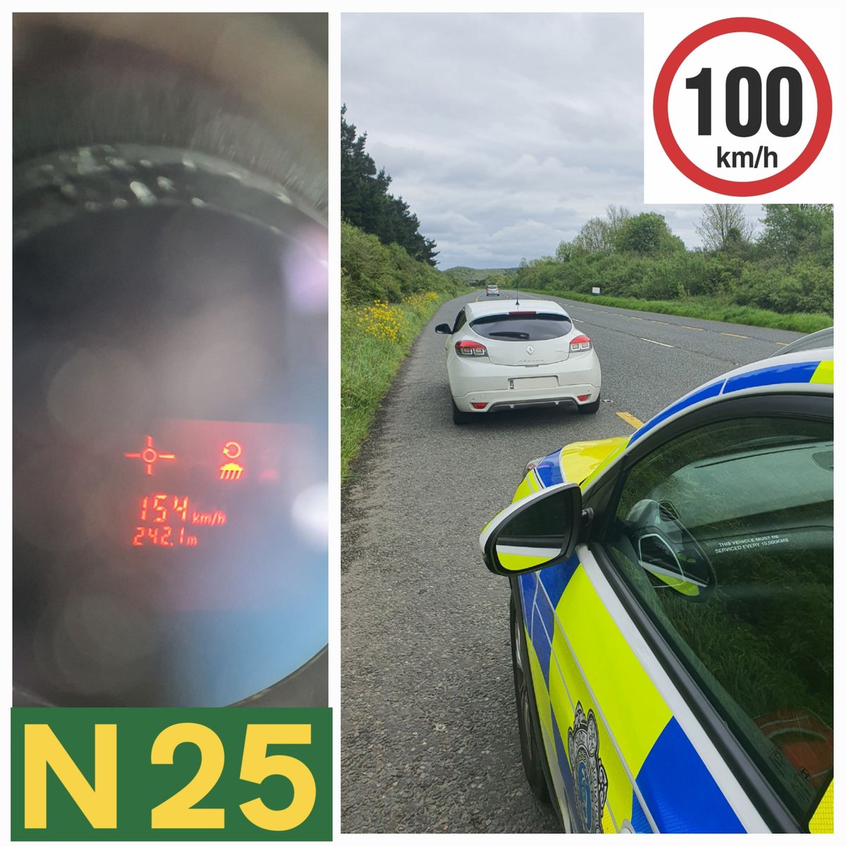 The Waterford's Roads Policing Unit detected this car travelling at 154kph in a 100kph zone on the N25 on Sunday afternoon. 

They were stopped and the driver was issued a €280 fine and 3 penalty points. 

#SaferRoads