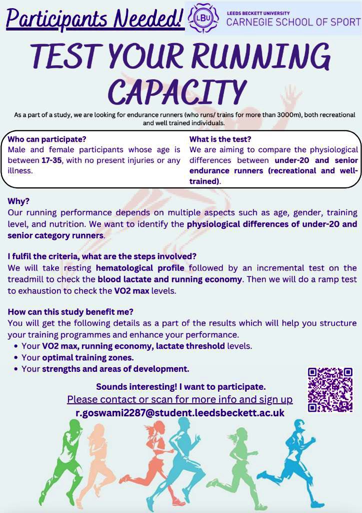 Hello @HorsforthH @RunLeeds @abbeyrunners @HydeParkHarrier I’m a sports science student at LBU, looking for participants for the following study. It’s a great opportunity for runners to learn and enhance their training/ performance. Kindly share it with your members.