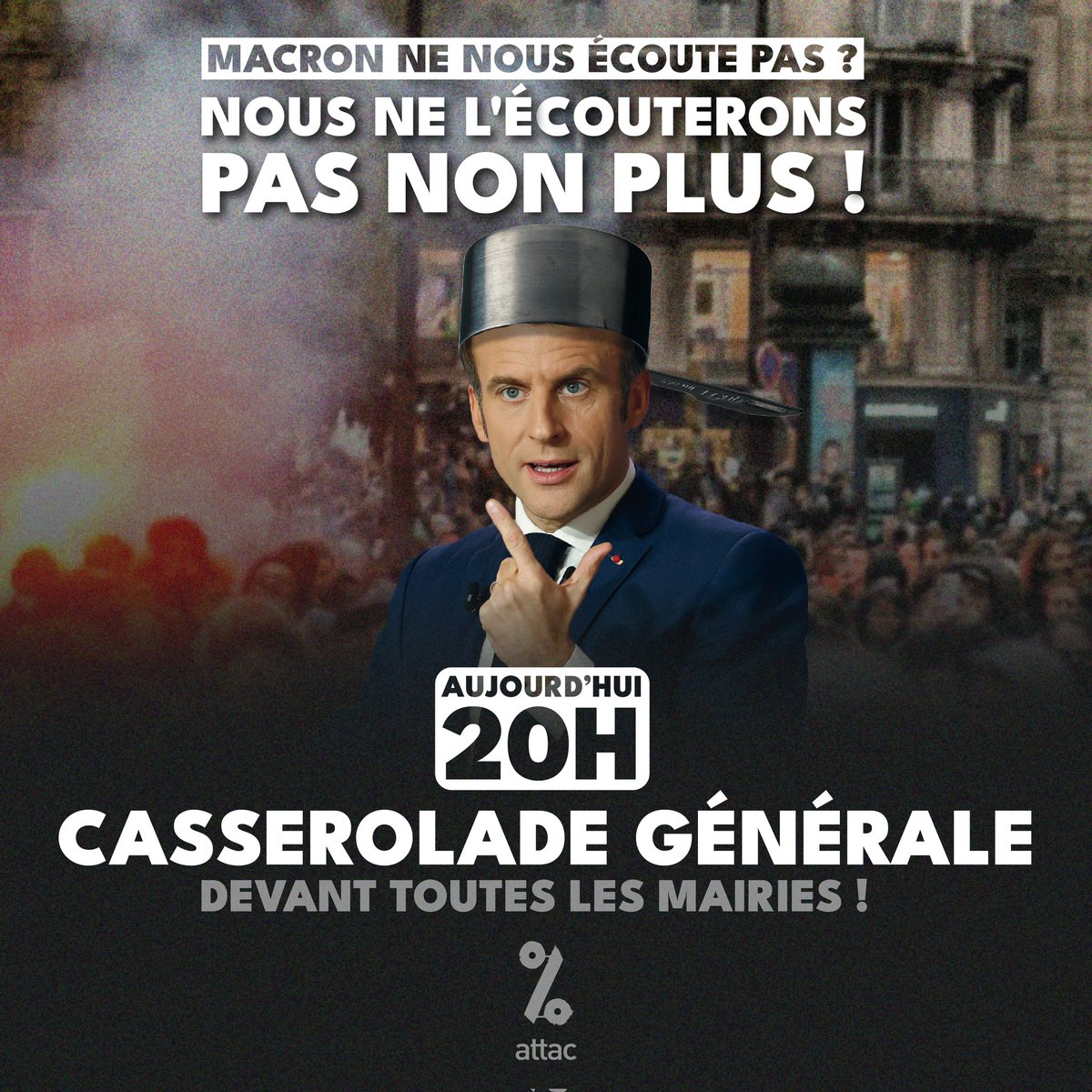 Par peur des #casserolades, Macron a annoncé au dernier moment son allocution télévisée ce lundi à 20h.

Montrons lui que nous sommes capables de riposter rapidement : #CasseroladeGénérale devant les mairies à 20h !

Macron ne nous écoute pas ? Nous ne l'écouterons pas non plus !