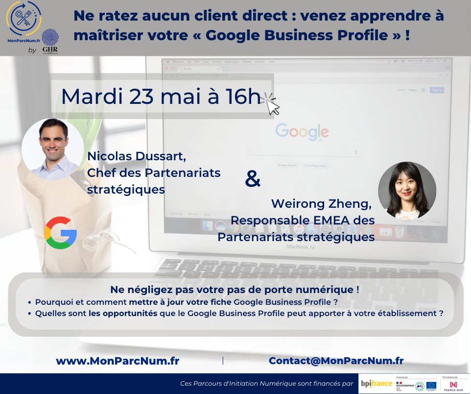 Nos deux intervenants de chez <a href="/GoogleFR/">Google FR</a>  viendront discuter avec vous lors d'un webinaire exclusif, le mardi 23 mai à 16h !
🌐MonParcNum.fr
<a href="/GHR_HCR/">GHR</a> <a href="/artiref/">Thomas Yung</a> <a href="/SNRTC_France/">SNRTC</a> <a href="/CGAD_france/">CGAD</a> <a href="/foodhoteltech/">Food Hotel Tech</a> <a href="/FairBooking/">Fairbooking</a> <a href="/tendanceh/">TendanceHôtellerie</a>