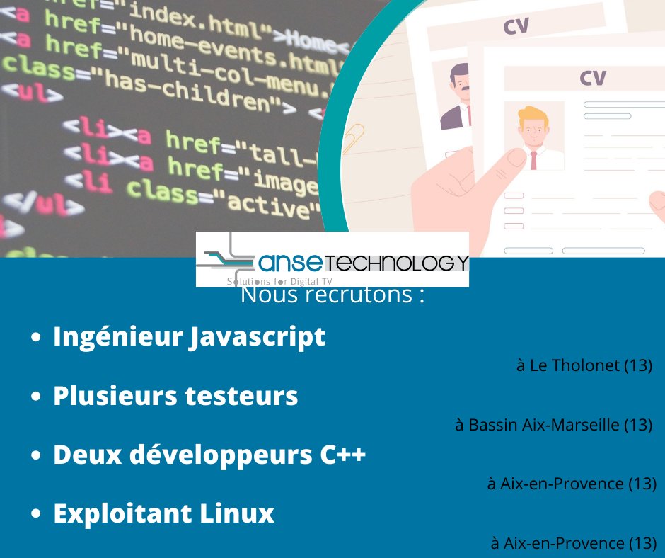 AnseTechnology's tweet image. Anse Technology recrute ! 💼

Nous recherchons un ingénieur Javascript
👉🏼 lnkd.in/eKrSdQiV

Plusieurs testeurs
👉🏼 lnkd.in/eU8W2Npv

Deux développeurs C++
👉🏼lnkd.in/eynFtR6F

Et un Exploitant Linux
👉🏼 Contactez Louna Cloman, lcloman@anse-technology.com