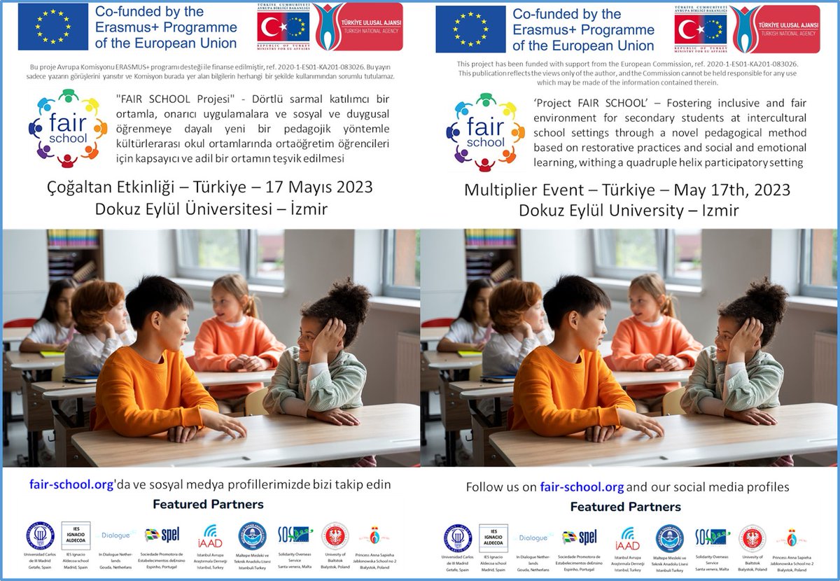 AB Erasmus+ kapsamında desteklenen "Fair School" projesi Çoğaltan Etkinliği 17 Mayıs 2023 Çarşamba 14:00-15:30'da, Merkezimiz 1. Kat Toplantı salonunda gerçekleşecektir. Tüm araştırmacılarımız davetlidir. Toplantı Linki: us02web.zoom.us/j/83749175438?…
