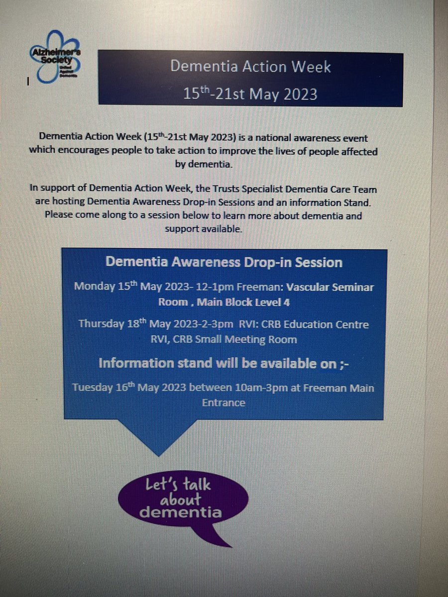 It’s Dementia Action Week 2023! The Dementia Care Team <a href="/NewcastleHosps/">Newcastle Hospitals</a> is hosting drop in awareness events across the trust see ⬇️ for details. <a href="/AlisonYarnall/">Alison Yarnall</a> <a href="/AddyMcleod/">Adelina Mcleod FRCPE</a> <a href="/abley_c/">clare abley</a> <a href="/SusanHall14/">Susan Hall</a>