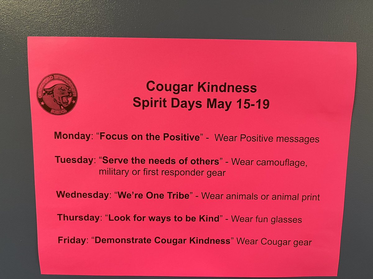 It is Cougar Kindness week! Today is ”Focus on the Positive”. We can’t wait to see all of the positive messages today! #1gc #KindnessMatters