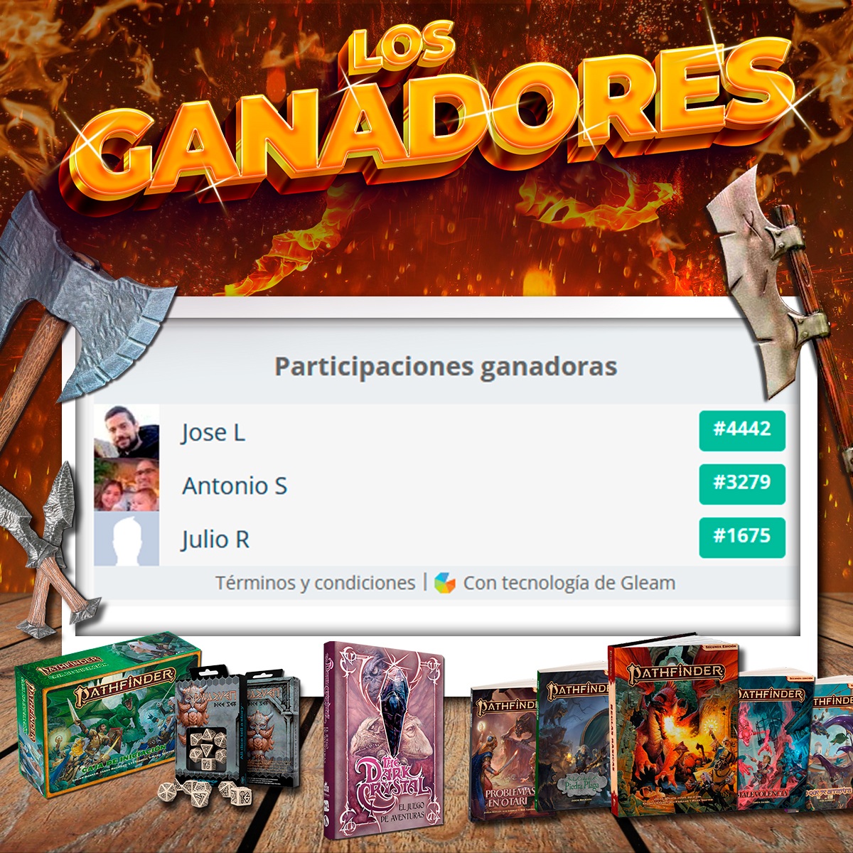 🔥 ¡YA ESTÁN LOS GANADORES DEL SORTEO!🔥
¡Enhorabuena a los 3 premiados que se llevan estos pedazo de lotes!
Esto no sería posible sin nuestros patrocinadores:
📖<a href="/DevirIberia/">Devir Iberia</a>
🎲<a href="/GenXcentral/">Generación X</a>
🦡@Lacortedeltejon
⚔️@Latiendadelarp
#RawBlade
---
GRACIAS
---
gleam.io/Qgvmm/sorteo-d…