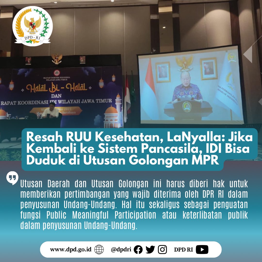 Ketua DPD RI AA LaNyalla Mahmud Mattalitti menegaskan jika bangsa ini kembali ke sistem Demokrasi Pancasila, wakil dari Ikatan Dokter Indonesia (IDI) bisa menjadi salah satu Utusan Golongan yang duduk di Lembaga Tertinggi Negara yaitu MPR.
#dpdri #kabarsenator