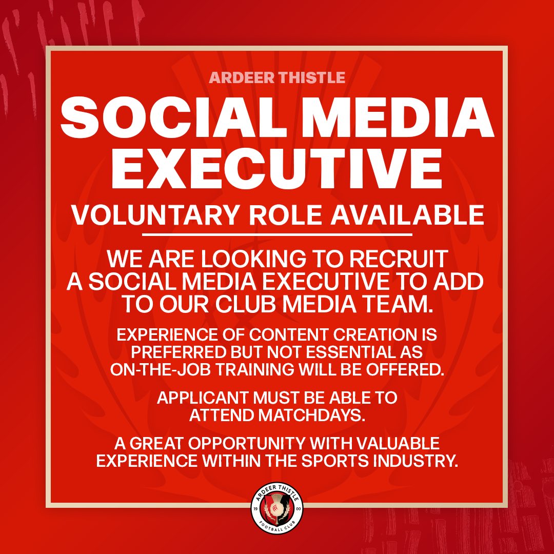 🚨 𝗣𝗢𝗦𝗜𝗧𝗜𝗢𝗡 𝗔𝗩𝗔𝗜𝗟𝗔𝗕𝗟𝗘 | An exciting opportunity has arisen as we look to add a Social Media Executive to the clubs media team.