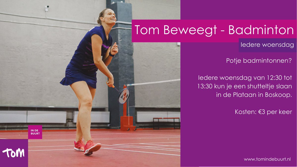Potje badmintonnen? 🎾 Plezier gegarandeerd!

Iedere woensdag van 12:30 tot 13:30 in de Plataan in Boskoop.

Meld je aan via tomindebuurt.nl/activiteiten/t….

#Tombeweegt #Tomindebuurt #badminton