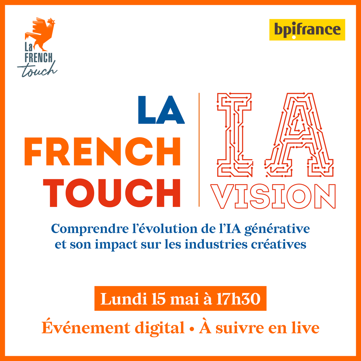 Bpifrance's tweet photo. La #FrenchTouch et @Bpifrance organisent l'événement #IAVision pour parler #IntelligenceArtificielle
#enjeux #défis #éthique #juridique #opportunités 🤖 Au programme : prises de parole, tables rondes, échanges autour de l'#IA dans les #ICC. Live ici 👉 https://t.co/NHuGxf2Yut https://t.co/7EZT3HzvNN