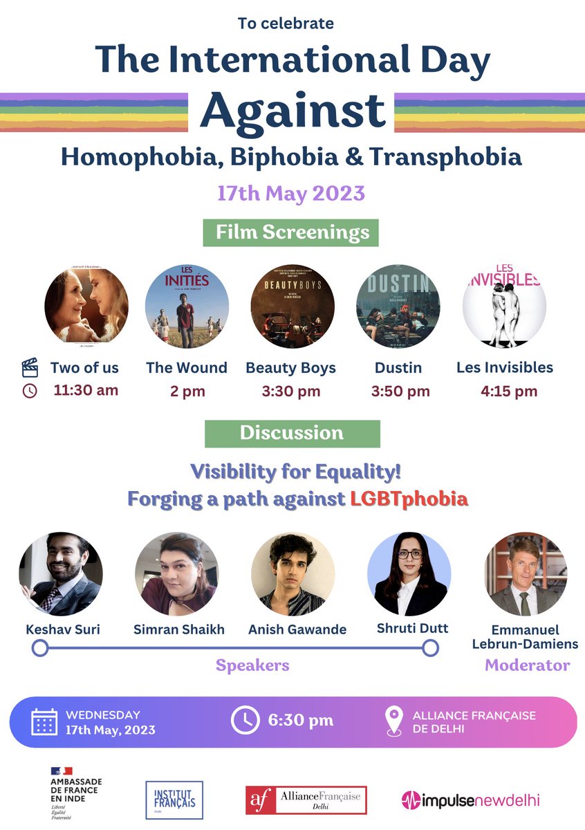 ✅ Join us on 17th May as the French Embassy, French Institute, and Alliances Françaises in India unite against #LGBTphobia. A day-long event promoting #equality and inclusivity awaits you! Engaging film screenings, a roundtable discussion, and high tea are just a taste of what's…