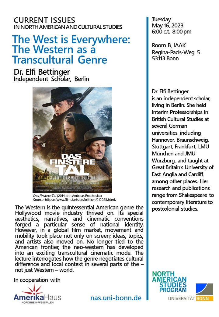 NAS_Bonn's tweet photo. Join us tomorrow for another lecture in this semester's lecture series! We welcome Dr. Elfi Bettinger (Independent Scholar from Berlin) and are very much looking forward to discussing "The West as a Transcultural Genre"! https://t.co/MFxQvCFP1a