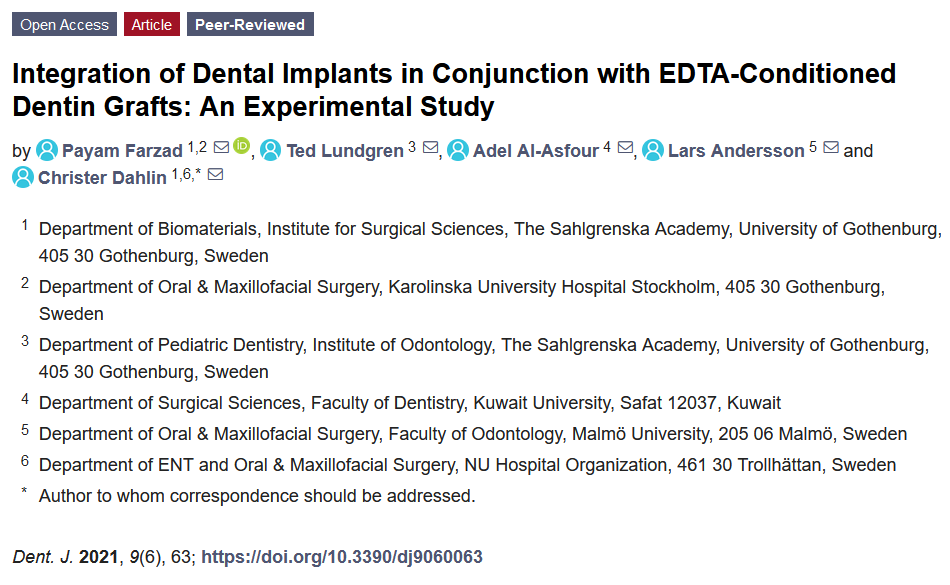 DentistryJ's tweet image. #mdpidentistry
Integration of #Dental Implants in Conjunction with EDTA-Conditioned #Dentin Grafts: An Experimental Study
@goteborgsuni @K_University 
mdpi.com/2304-6767/9/6/…
@MDPIOpenAccess @MediPharma_MDPI @DentistryJ