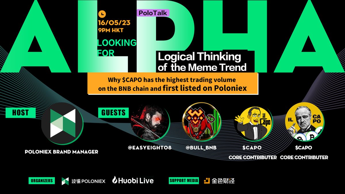 Join #Huobi Live x #Poloniex Twitter Spaces - $CAPO SPECIAL 2.0🎙️

Date &amp; Time: ⏰
5/16/23, 13:00 (UTC)

✅ Join CAPO Telegram to learn more about their project t.me/ilcapotoken

✅ Follow <a href="/ilcapocoin/">$CAPO COIN HOTTEST MEME COIN</a>, <a href="/HuobiGlobal/">火币HTX</a> , <a href="/Poloniex/">Poloniex Exchange</a> &amp; <a href="/PoloniexChinese/">P网</a>

✅ Set a reminder to join