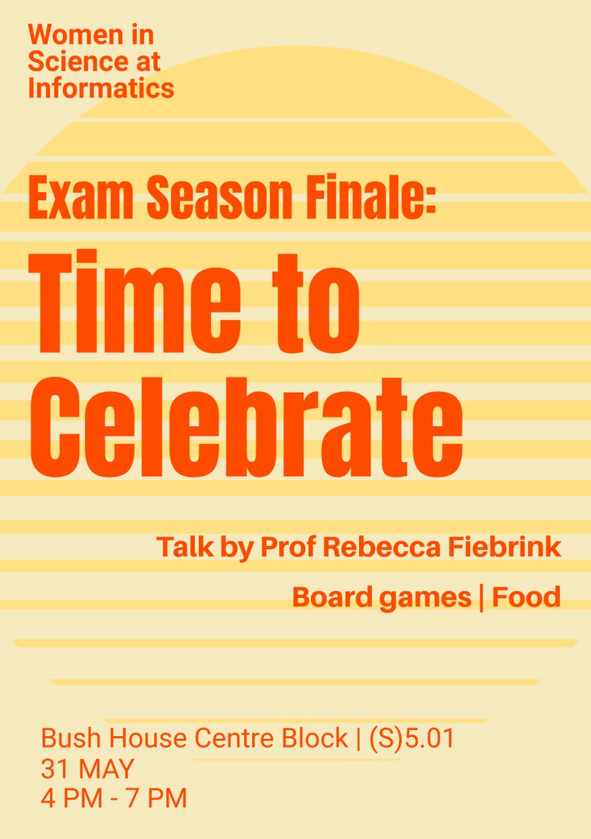 *EXAM SEASON FINALE: TIME TO CELEBRATE*
Join us for a talk 'Beyond the Hype: How Machine Learning Can Support Human Creative Practices' by Prof Rebecca Fiebrink, and an afternoon of board games and food. 
📅 31 May, 16:00 - 19:00
📍Bush House, (S) 5.01
🎟️bit.ly/3M2HfZL