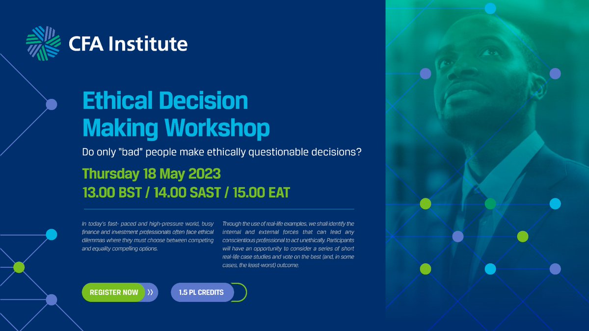 🔔 Join @CFAinstitute for a dynamic workshop on Ethical Decision-Making!

Learn to address ethical challenges before they escalate, analyze short case studies, make choices and hone your decision-making skills.

Register: bit.ly/EDMWorkshop23

#EthicsTraining #CFASocietyEA