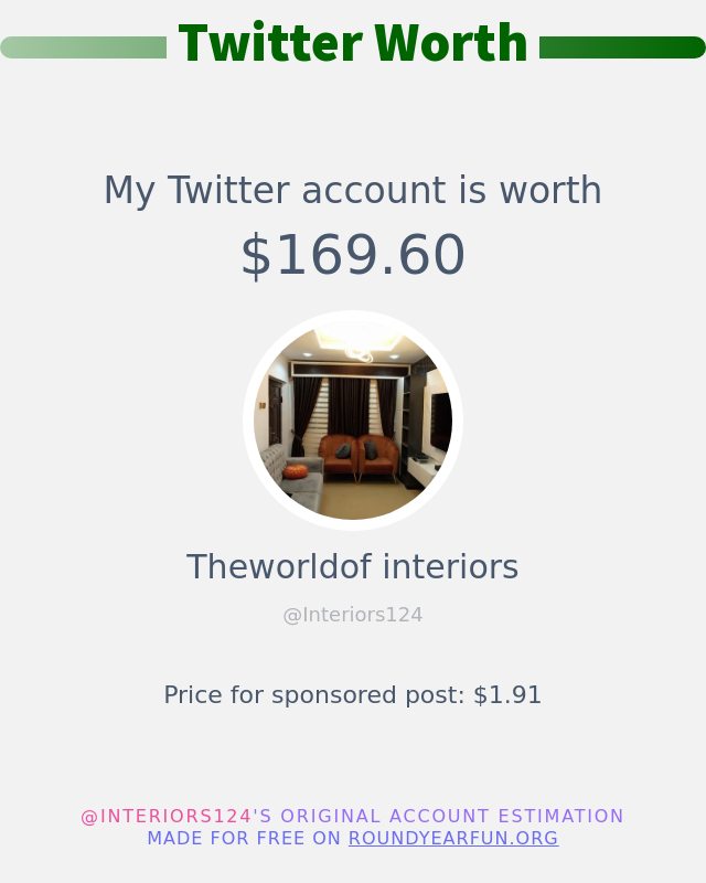 Interiors124's tweet photo. My Twitter worth is: $169.60

➡️ https://t.co/HyK4ZKHgSM https://t.co/E2IKaZLFc9