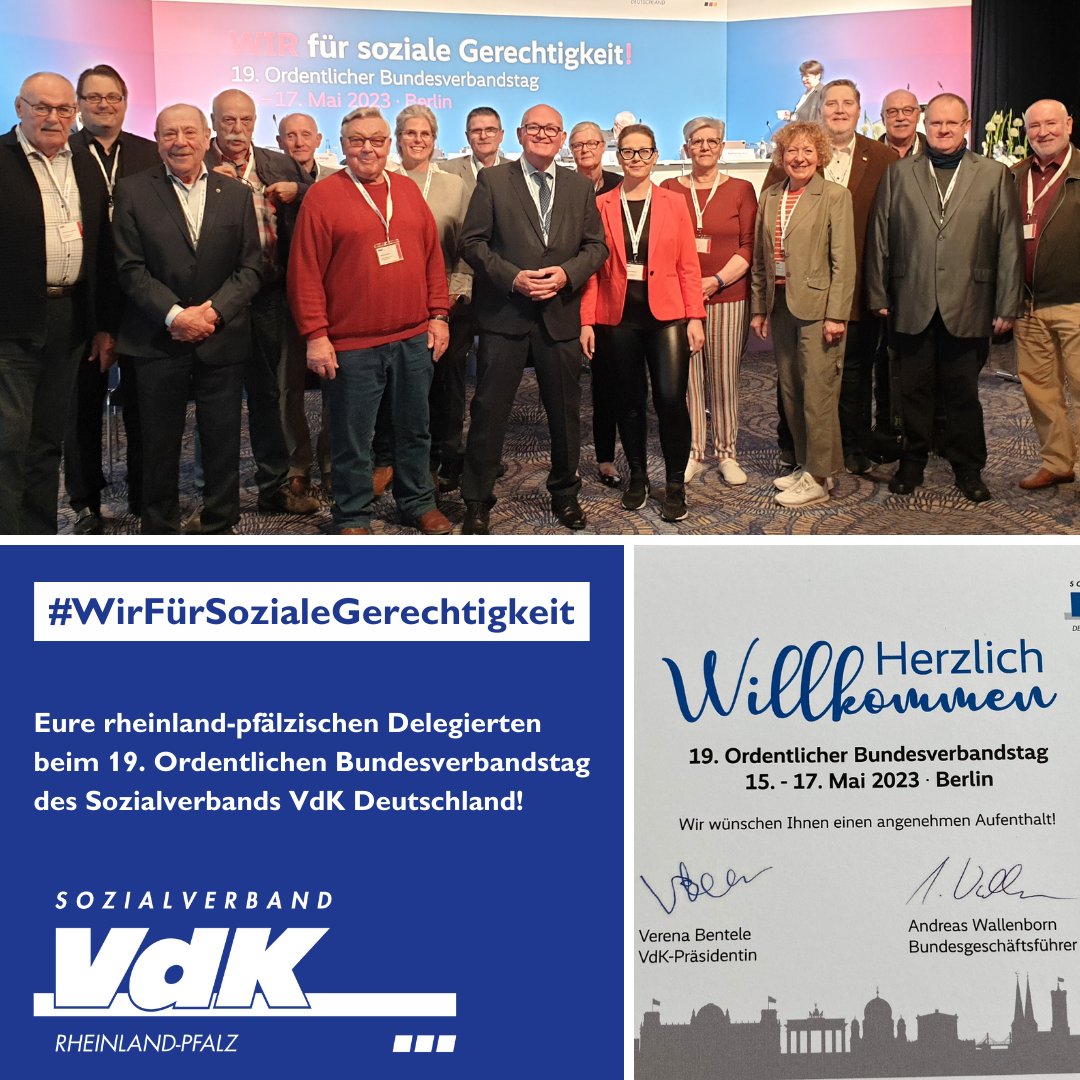 VdK_RLP's tweet photo. Unsere Delegierten des Sozialverbands VdK #RLP freuen sich auf den 19. Ordentlichen Bundesverbandstag in Berlin. 👏
Die 18 rheinland-pfälzischen Delegierten entscheiden heute und in den kommenden Tagen mit über die Zukunft des VdK. 📣
#WirFürSozialeGerechtigkeit
#VdKBVT23 https://t.co/t7z4VZynCp