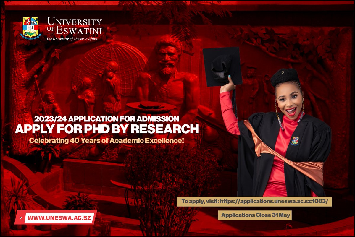 Ready to take your research to the next level? Don't miss your chance to pursue a PhD by research at the University of Eswatini! Applications are open and close on May 31st. Gain valuable skills and forge your own path to success. #UNESWA #PhDbyResearch #ForgeYourOwnPath