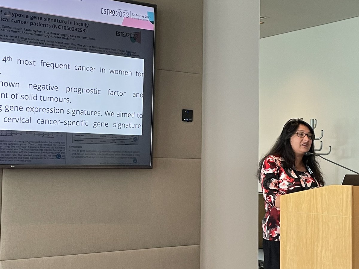 A great Radiobiology poster session delivered by Prof Ananya Choudhury  (<a href="/achoud72/">Prof Ananya💙 @achoud72.bsky.social</a>) on behalf of Anubhav Datta (<a href="/axd828/">Anubhav Datta</a>) at #ESTRO23 👏 

🗣Development of a hypoxia gene signature in locally advanced cervical cancer patients 

#WhereisHoskin