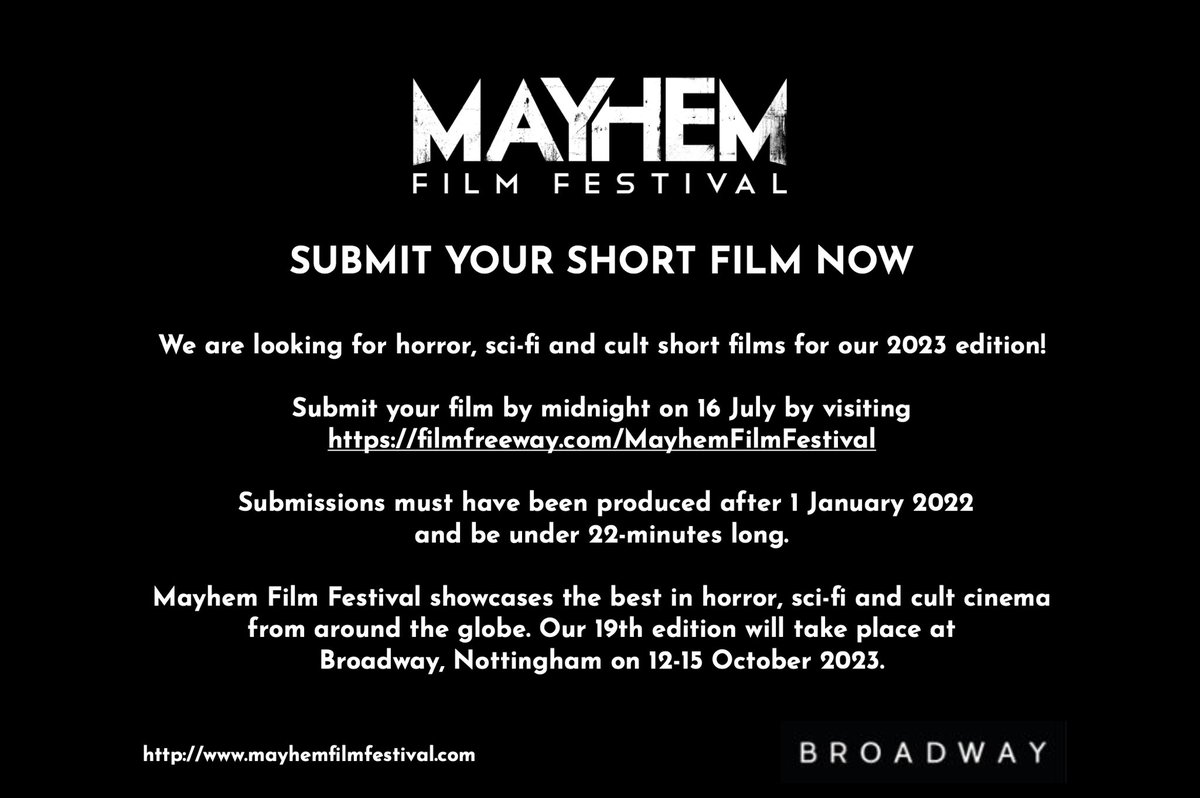 📣📣Our call for short films is now open!!! If you made something horrifying, terrifying, mind-bending, or just plain weird in the last 18 months, we want to see it! More info at filmfreeway.com/MayhemFilmFest… 📣📣