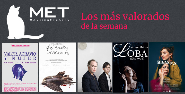 Estos son #Losmasvalorados #teatro #Madrid :     
# 1 VALOR, AGRAVIO Y MUJER <a href="/TEATROCLASICO/">Teatro Clásico - CNTC</a> 
# 2 LOS SANTOS INOCENTES @NavesdelEspanol 
# 3 LOS QUE HABLN <a href="/teatrobarrio/">Teatro del Barrio</a> 
# 4 LOBA <a href="/nave_73/">Nave73</a> 
# 5 AQUELLAS MIGAS DE PAN <a href="/Teatro_Infanta/">Teatro Infanta Isabel</a> 
madridesteatro.com