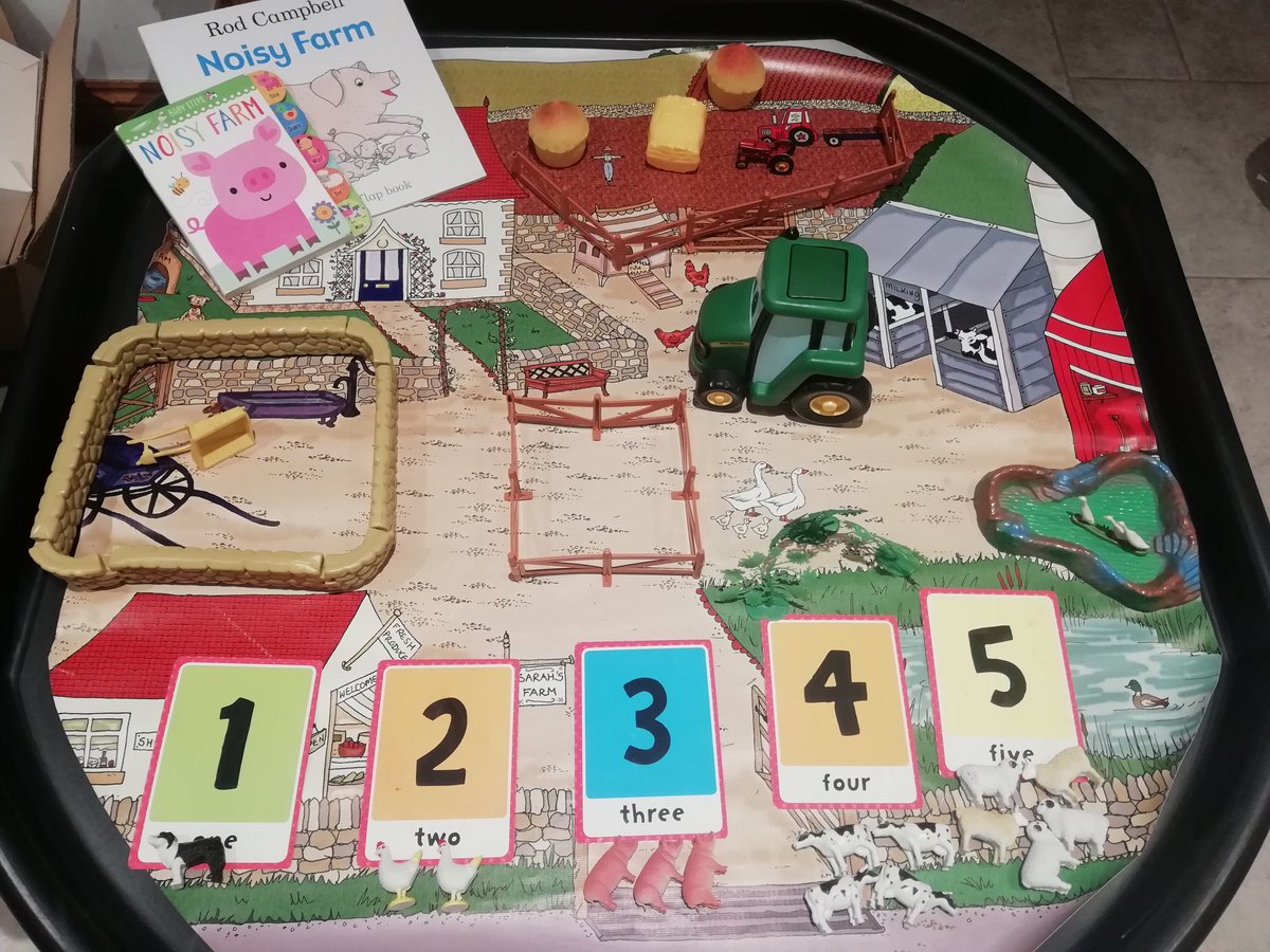 Child development- farm yard tuff tray with numbers and animals and books. 
Small world play. 
@DTMelkshamOak 
#GCSE #child #childdevelopment  
#tufftray #smallworldplay