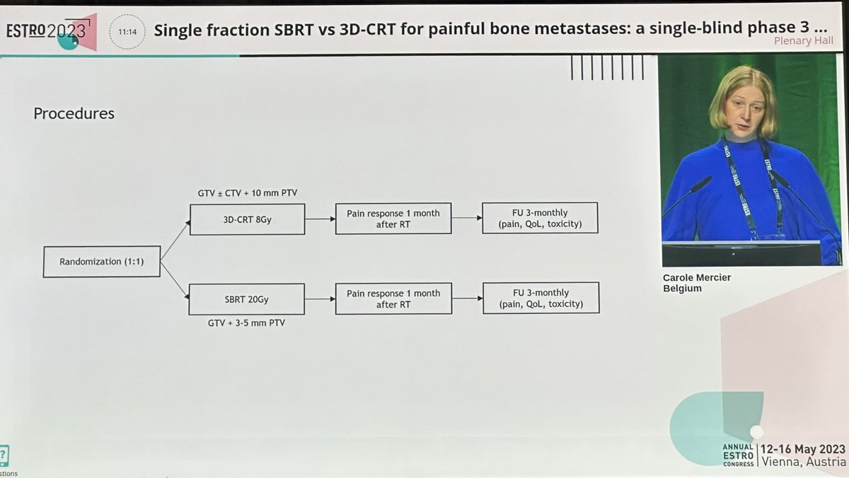 Mat_Guc's tweet photo. Single fraction 8Gy vs SBRT 20Gy for painful bone mets, n=126, mostly non-spine #ESTRO23
Complete pain response at 1 mo primary endpoint 
👉 no difference at 1 mo
👉 improved in per protocol analysis after 3mo
👉 no increased toxicity
PATIENT SELECTION IS KEY https://t.co/INjmPNE0FZ