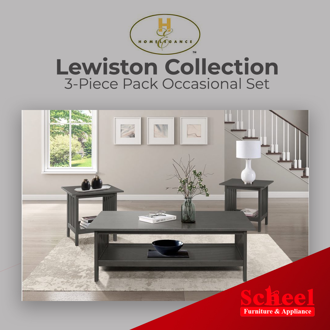 Upgrade your home decor with the beautiful Lewiston Collection 3-Piece Pack Occasional Set by Homelegance, now at #ScheelsFurniture! This transitional set includes a coffee table and two end tables, all in a stunning antique gray finish with vertical slat side supports. #TableSet