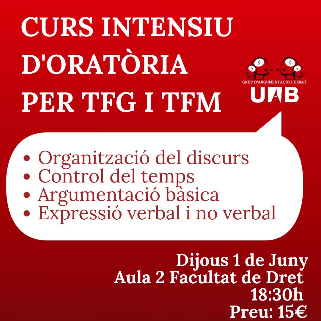 gad_uab's tweet photo. Bon dia!✨

Des del GAD hem organitzat un curs intensiu d’oratòria per a preparar les presentacions del TFG i TFM. 

El curs tindrà lloc el dijous 1 de juny a les 18:30h al Aula 2 de la Facultat de Dret.

A continuació teniu l'enllaç d'inscripció: https://t.co/IW33gr4643😊 https://t.co/dCAfwJDhvP