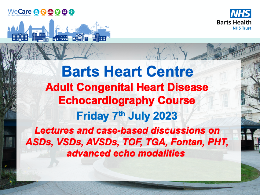 Barts Heart Centre Adult Congenital Heart Disease Echocardiography course Friday 7th July 2023 Register now! williamharveyresearch.com/conferences-ba… @BartsEcho @guyll @BartsGuch @londonechotech @Han_Crane @DarioFreitas8