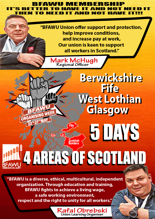 BFAWUSCOTLAND's tweet photo. We are getting closer to Organising Week.

Next week we start May 22-27. 5 days 4 areas of Scotland.
 
Come, bring your friends, let's talk.

 Join the union. https://t.co/6zUEXuriLu