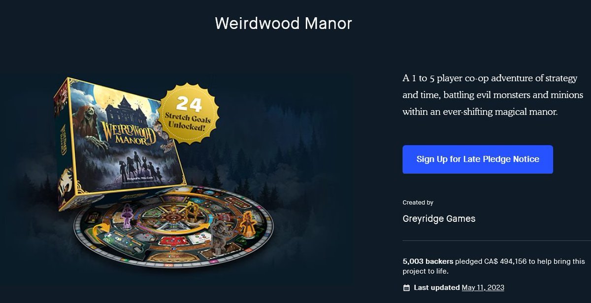More than 5,000 backers and US$350,000 for your first ever campaign.

Not too shabby, @greyridgegames😉

Congratulations to the entire team behind Weirdwood Manor 🥳

#mobvanguard #proudagent #boardgame #boardgames #bgg #bggcommunity #boardgamegeek #kickstarter #weirdwoodmanor