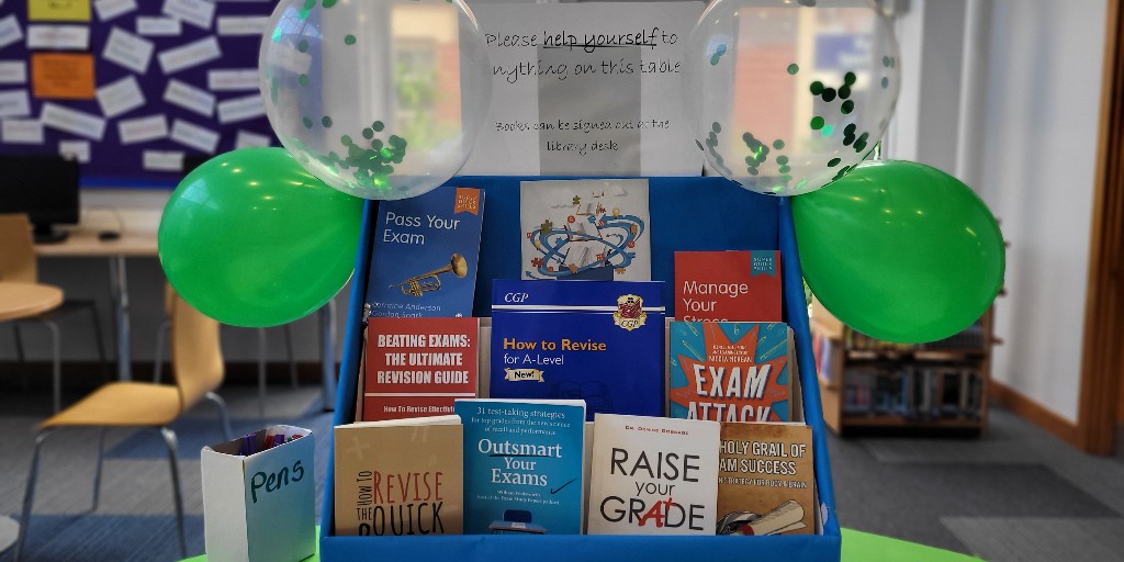 CarmelCollege's tweet photo. The theme for #MentalHealthAwarenessWeek is Anxiety. In our Library this week, we have a selection of books about mental health &amp; a ‘revision station’ with advice for dealing with stress during your exams. Visit @mentalhealth website for more advice - https://t.co/QSg9iNnwpq https://t.co/99WEWUoWAR