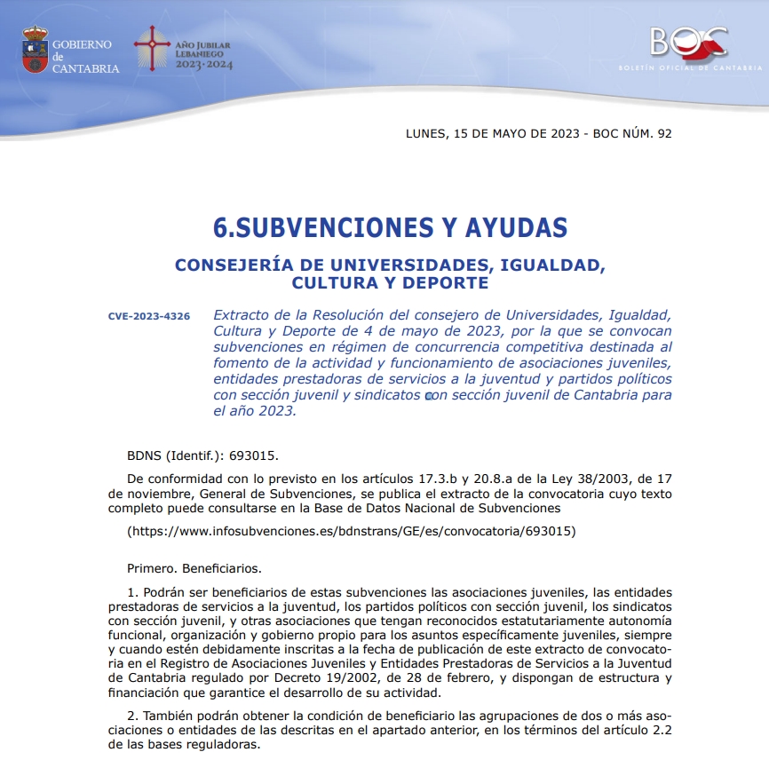 ¿Tienes una #Asociación Juvenil? ⬇️
✍️Abrimos el plazo para la solicitud de #Subvenciones de <a href="/cantabriaes/">Gobierno Cantabria</a> al fomento de la actividad y funcionamiento de Asociaciones Juveniles en #Cantabria  
🔎bit.ly/42C5ipE