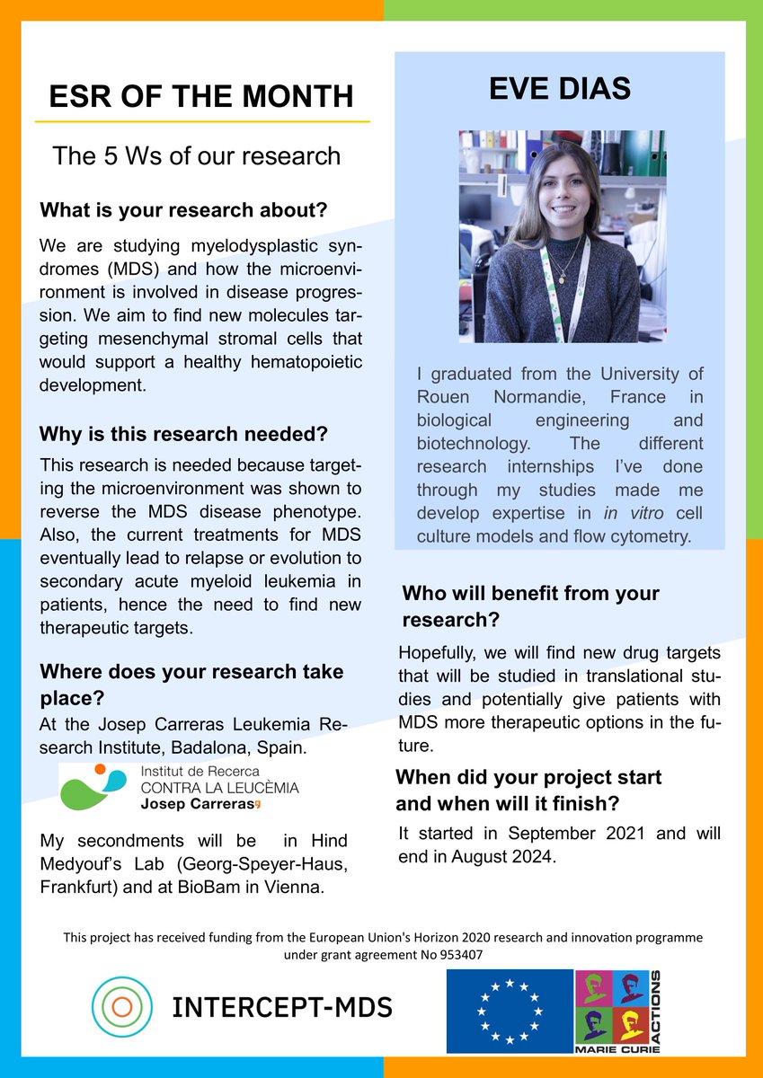 intercept_mds's tweet photo. 📣 ESR of the month series  

We asked @Eve__Dias to answer the 5Ws of her research. Check it out, if you want to hear more about her PhD project supervised by @MarcusBuschbeck at the @CarrerasIJC in Spain!

@MSCActions https://t.co/dd9KYZcWlW