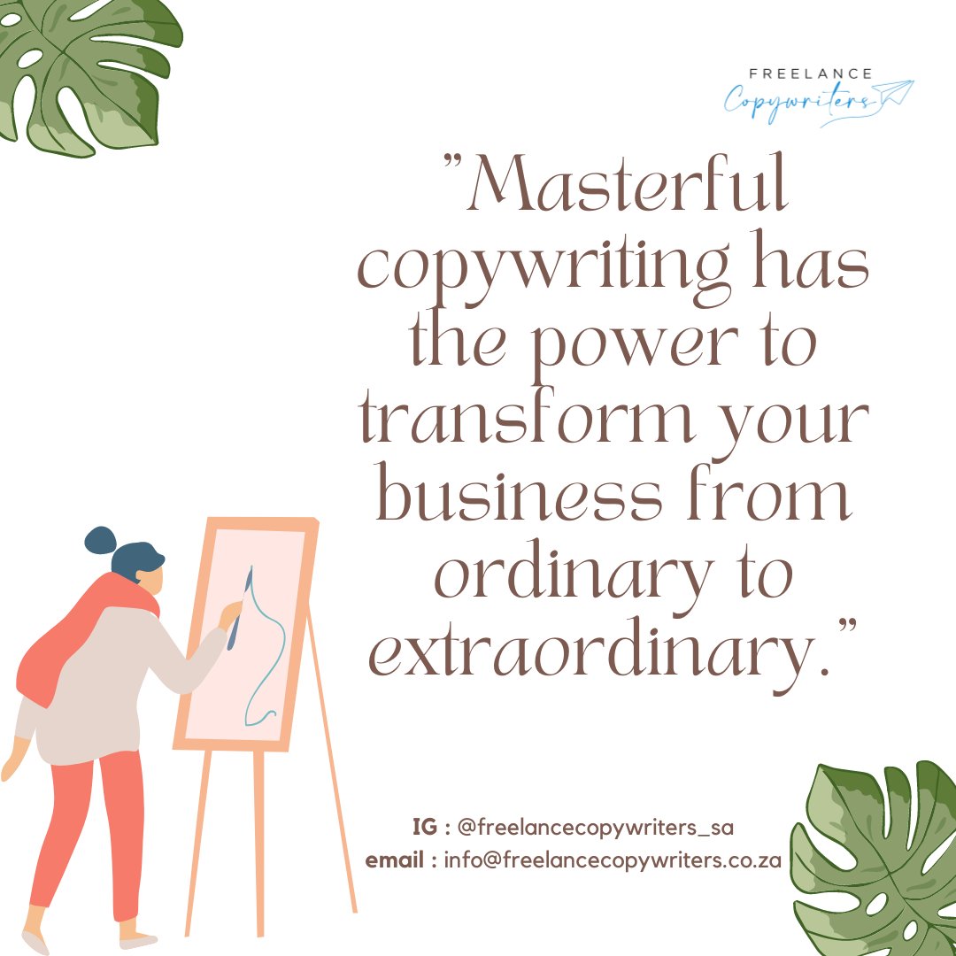 copywriters_SA's tweet photo. Freelance copywriters bring specialized skills and expertise to the table, ensuring that your copy is crafted with precision and finesse.

Contact us today for all your copywriting services.

#copywriting #copywritingtips #copywritingservices #copywritingrates #copywritingagency https://t.co/HdhVvgOzj1
