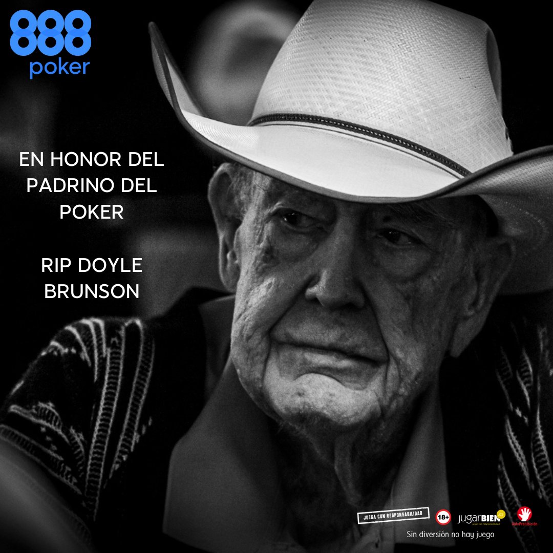 888pokerSpain's tweet photo. En honor de Doyle Brunson, la leyenda del poker que nos ha dejado este fin de semana.

Protagonista de la escena del poker durante más de 50 años y jugador respetado por todos, se ganó el apodo de “El padrino del poker”. Será extrañado por todos nosotros.

RIP Doyle Brunson. https://t.co/KRRQn5mhwX