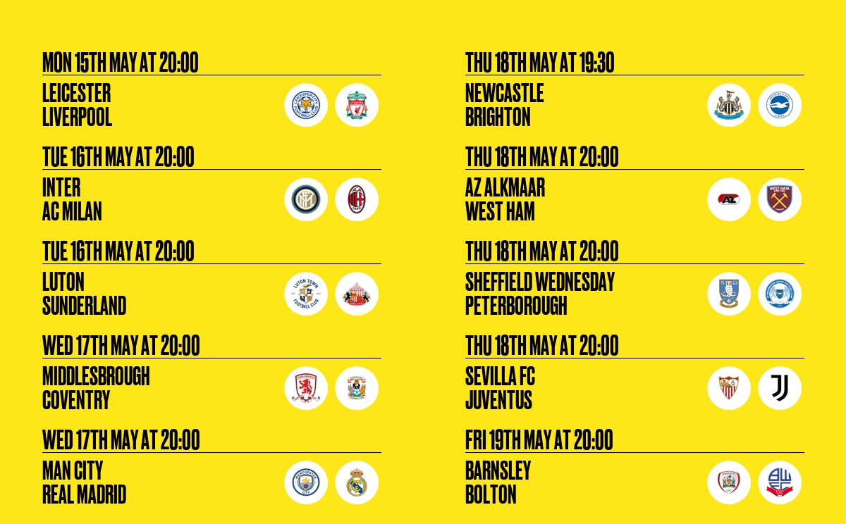 Another packed live week of football, starting tonight Leicester v Liverpool fanzo.com/en/bar/19447/m…