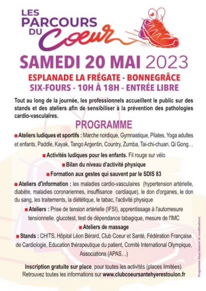 J-5
Tous à Six-Fours-les-Plages !!!
#ParcoursDuCoeur
@6fourslesplages @ClubCoeurSante @CHToulonLaSeyne @ComHiasa @ARSPaca @cpam83 
#Santé #SantéPublique #Prévention #Coeur #Cardiologie #InsuffisanceCardiaque