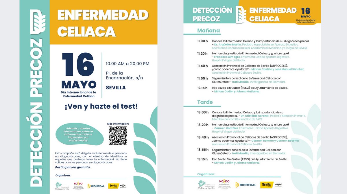 Mañana 16 mayo es el Día Internacional de la Enfermedad Celíaca y en Sevilla se celebrará una Campaña de Detección Precoz en la Plaza de la Encarnación de las 10h a las 20h. Además habrá charlas informativas. 
#promosalud #sevilla #celiaquía #glutenfree