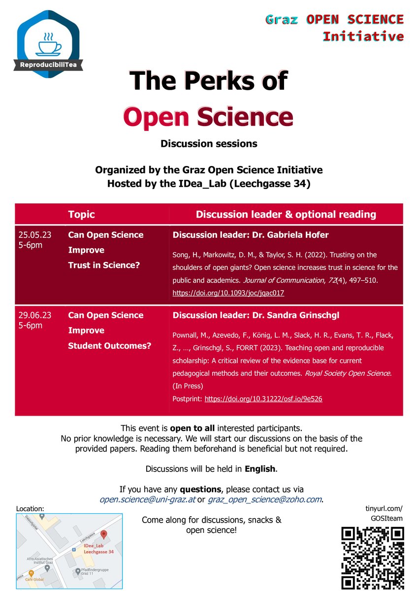 Graz Open Science Initiative (@grazopenscience) on Twitter photo We are super excited to announce our next two #ReproducibiliTea sessions, where we'll talk about the ✨perks of #openscience ✨. We'll start next week (May 25) by discussing how open science may improve trust in science. Join us at 5 pm at the wonderful <a href="/unigraz/">Uni Graz/University of Graz</a> IDea_Lab. We are super excited to announce our next two #ReproducibiliTea sessions, where we'll talk about the ✨perks of #openscience ✨. We'll start next week (May 25) by discussing how open science may improve trust in science. Join us at 5 pm at the wonderful <a href="/unigraz/">Uni Graz/University of Graz</a> IDea_Lab.