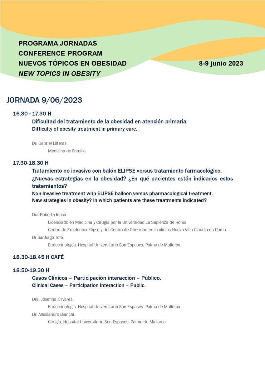 AMBalear's tweet photo. JORNADAS NUEVOS TÓPICOS EN OBESIDAD.
🗓️8 Y 9 DE JUNIO 2023

📍COLEGIO OFICIAL DE MÉDICOS DE BALEARES    @COMbalears 

✍️INSCRIPCIONES EN NUESTRA PAGINA WEB:
                          https://t.co/nSzgsQvlKo

Precio socios Académia: 0€
Precio no socios: 15€ https://t.co/mP2OxliEKU