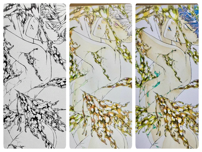 メイキング、見たいと言ってもらえるの嬉しくていつも挑戦したいと思っては描く段階になると集中してしまい写真撮るの忘れて「線描いて塗りまーす!!!!!」みたいなのになる 
