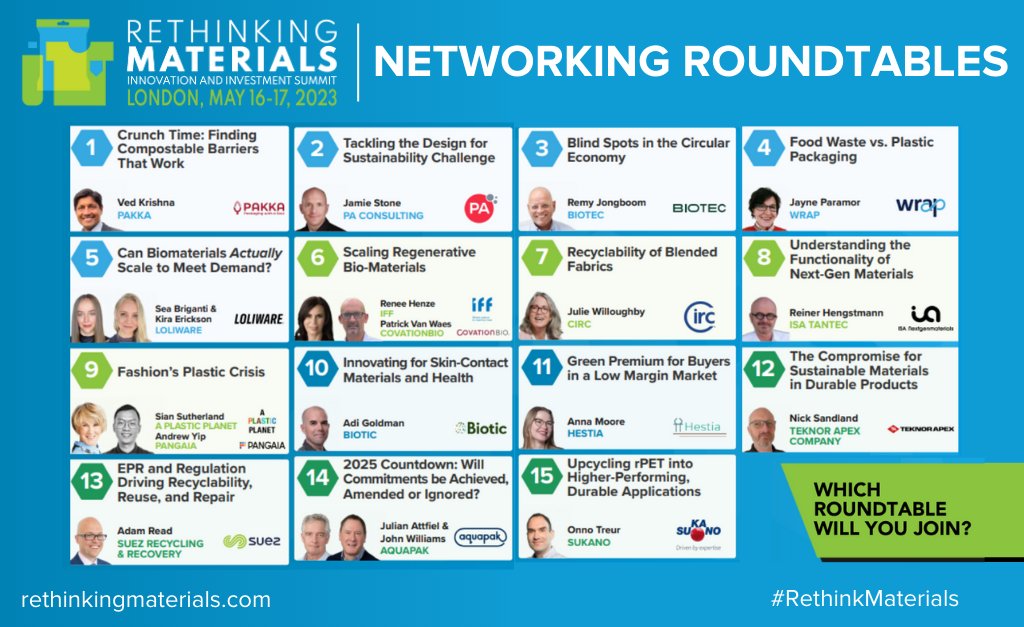 RethinkMaterial's tweet photo. Are you ready for the @RethinkMaterial Summit tomorrow? Make sure you don't miss out on the networking roundtables taking place on Wednesday, May 17.

So which #Roundtable will you choose? Join us in London to find out: https://t.co/h13Qm0zSO9 https://t.co/qUCyZgSFA3
