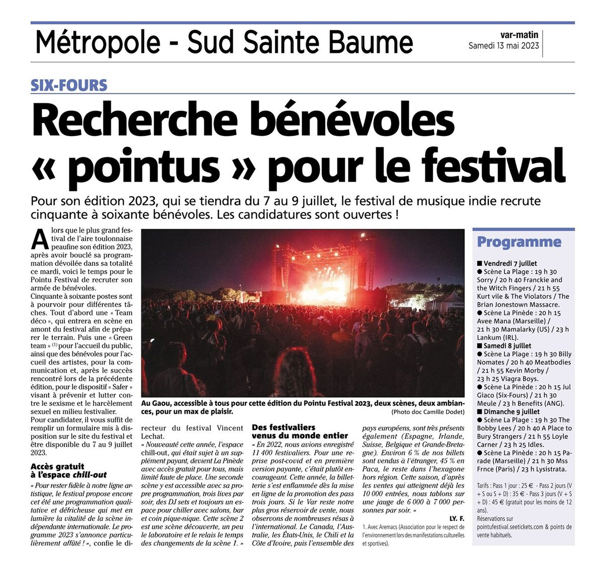💬 "Alors que le plus grand festival de l'aire toulonnaise peaufine son édition 2023, voici le temps pour le Pointu Festival de recruter son armée de bénévoles."
Merci <a href="/Var_Matin/">Var-matin</a> ☺️
Le formulaire bénévoles est disponible ici 👉 bit.ly/Benevoles-Poin…