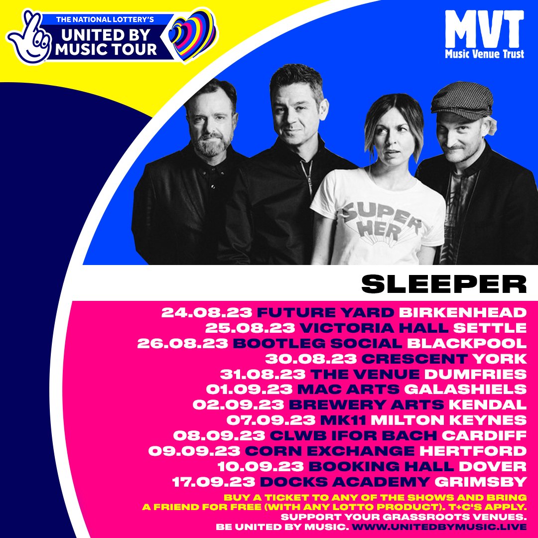 Sleeperbandtweets (@sleepertweeting) on Twitter photo NEW DATES!!! DELIGHTED to announce we've teamed up with <a href="/musicvenuetrust/">Music Venue Trust</a> + <a href="/TNLUK/">The National Lottery</a> on a #UnitedByMusic summer club TOUR. Tickets on sale.....NOW!! bit.ly/MVTUBM (buy one, get one free with any Lotto product)
Support GRASSROOTS VENUES! Be united by music! NEW DATES!!! DELIGHTED to announce we've teamed up with <a href="/musicvenuetrust/">Music Venue Trust</a> + <a href="/TNLUK/">The National Lottery</a> on a #UnitedByMusic summer club TOUR. Tickets on sale.....NOW!! bit.ly/MVTUBM (buy one, get one free with any Lotto product)
Support GRASSROOTS VENUES! Be united by music!