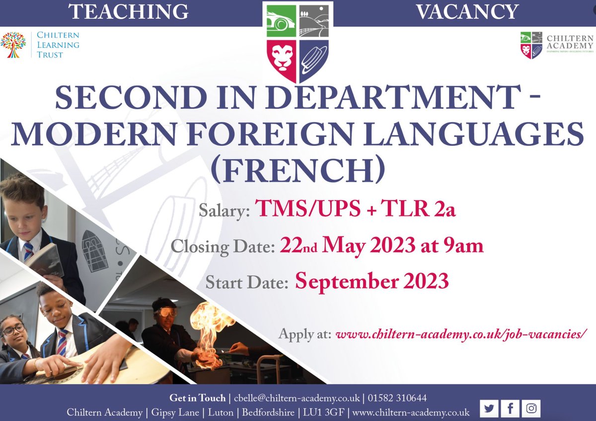 ChilternA's tweet photo. Chiltern Academy are recruiting for a SECOND IN DEPARTMENT - MODERN FOREIGN LANGUAGES (FRENCH)

To support the Head of Department for MFL to implement an aspirant curriculum in this area and ensure pupil potential is maximised.

Apply now via MyNewTerm
https://t.co/pGJqd82dJw https://t.co/SYguirVnOU