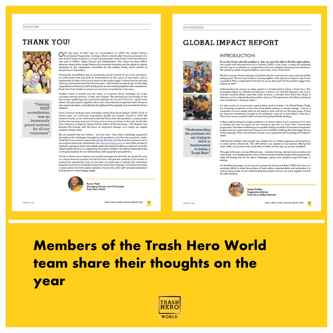 TrashHeroWorld's tweet photo. Annual Report 2022 is available! It was a big year, with highlights such as receiving accreditation from the UNEP and our first in-person Family Meetings before the pandemic. https://t.co/OzKlvFdnrY
#annualreport2022 #reporting #impact #zerowaste #cleanups #environmentalimpact https://t.co/bQ9kOks2MC