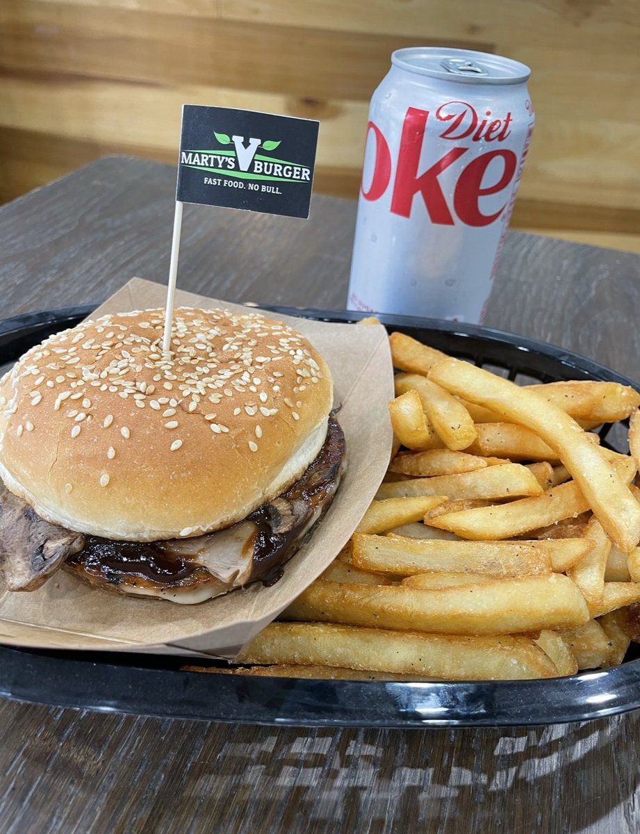 Our savory choice. Shroom Steakhouse Burger, (house patty, sautéed mushrooms, melted mozz cheeze, and house steak sauce).  Make it a combo with fries and a drink still only $12.99 (in store).
