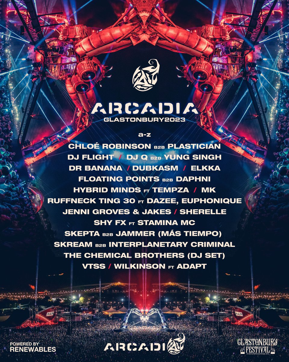 Glastonbury 2023 - our lineup is LIVE The Spider’s built on creative recycling and now she’s got transformation running through her veins. This year, the entire Arcadia field runs on recycled energy - waste cooking oil turned to high-grade biofuel. Countdown’s on to @glastofest
